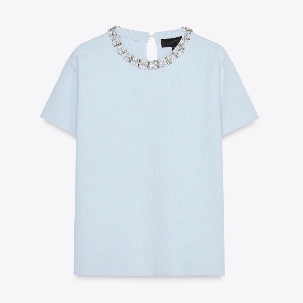 Zara light blue jewel bead  Neckline knit top
